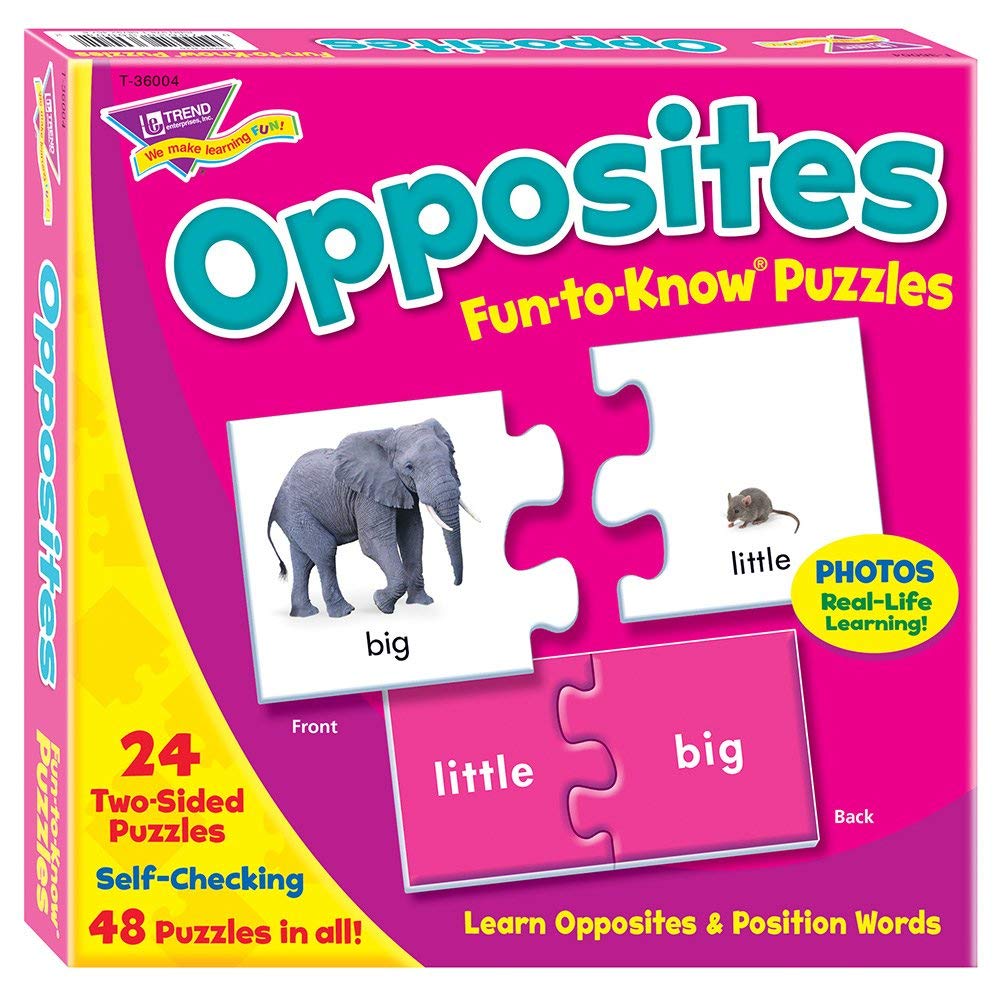 Book Cover Trend Enterprises: Fun-to-Know Puzzles: Opposites, Learn Opposites & Position Words, 24 Two-Sided Puzzles, Self-Checking, 48 Puzzles Total, for Ages 3 and Up