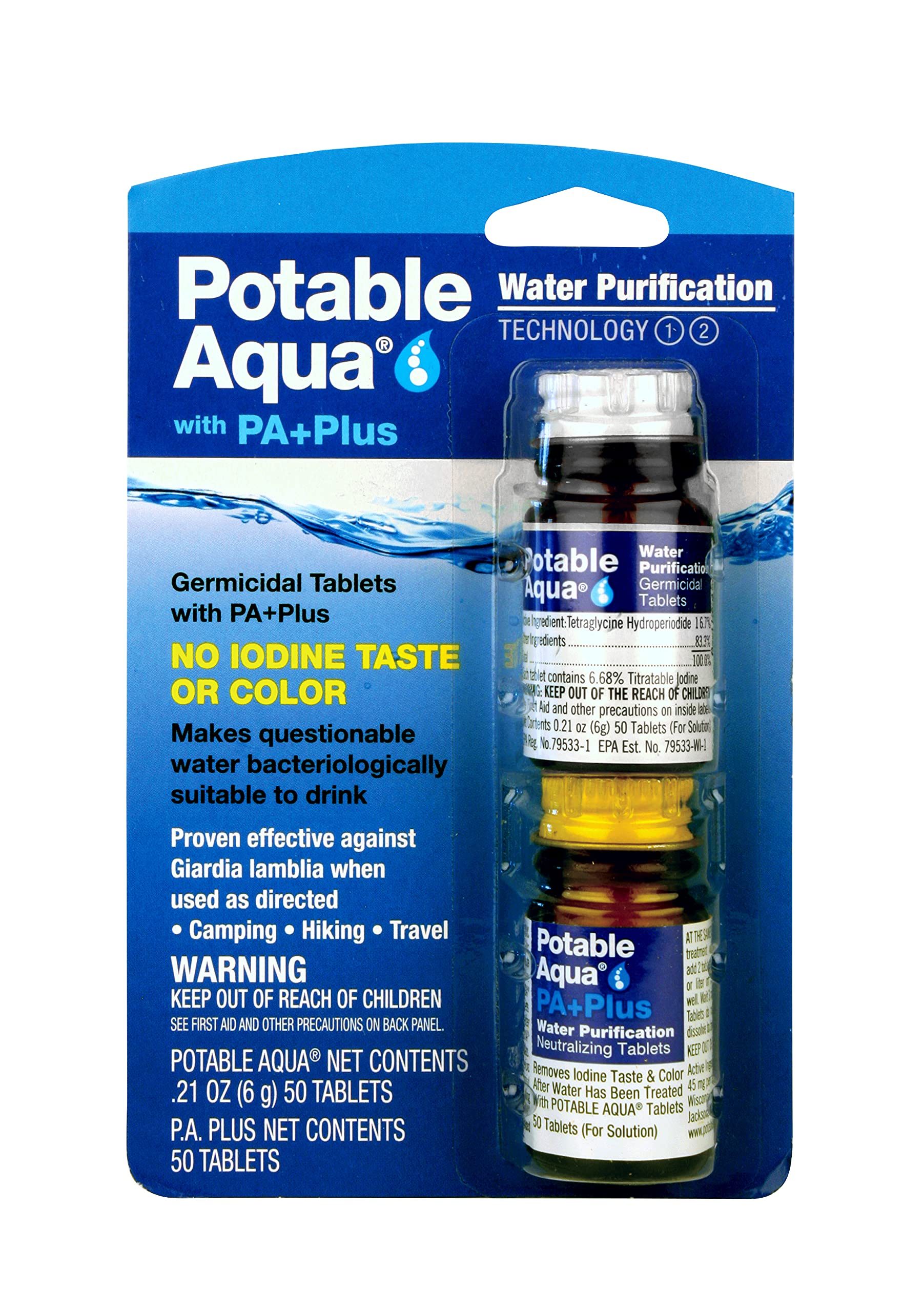 Book Cover Potable Aqua Water Purification Tablets with PA Plus, Portable and Effective Water Purification Solution for Camping, Hiking, Emergencies, Natural Disasters and International Travel, Two 50ct Bottles
