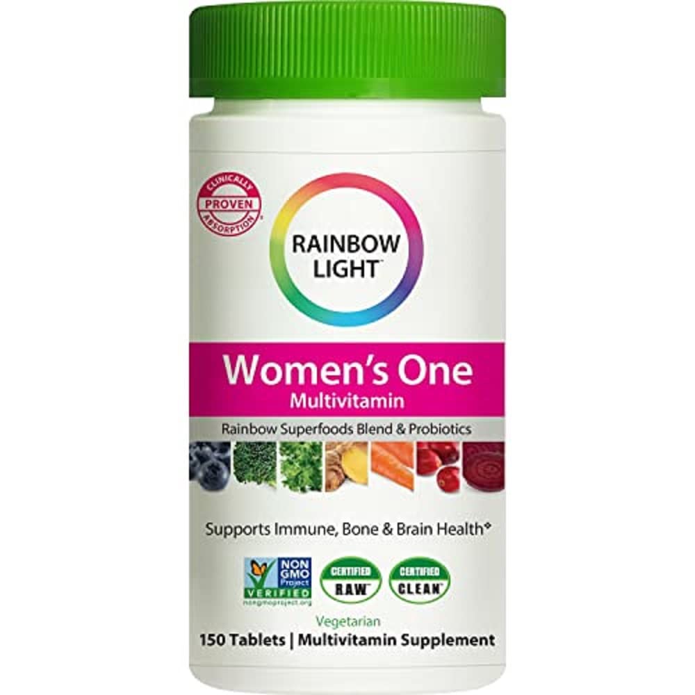Book Cover Rainbow Light Multivitamin for Women, Vitamin C, D & Zinc, Probiotics, Women’s One Multivitamin Provides High Potency Immune Support, Non-GMO, Vegetarian, 150 Tablets Women's One 150 Count