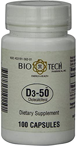 Book Cover Bio-Tech Pharmacal D3-50 50,000 IU, 100 Capsules – All-Natural Supplement – Supports Bone, Cardiovascular, Neuromuscular, & Immune Health – No Dairy, Fish, Gluten, Peanut, Shellfish, & Soy