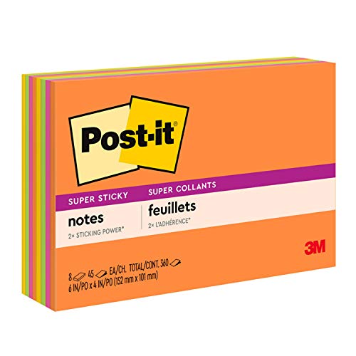 Book Cover Post-it Super Sticky Notes, 6x4 in, 8 Pads, 2x the Sticking Power, Rio de Janeiro Collection, Bright Colors (Orange, Pink, Blue, Green), Recyclable (6445-SSP)