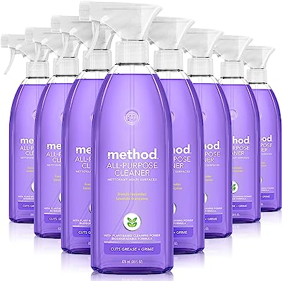 Book Cover Method All-Purpose Cleaner Spray, Plant-Based and Biodegradable Formula Perfect for Most Counters, Tiles, Stone, and More, French Lavender Scent, 828 ml Spray Bottles, 8 Pack, Packaging May Vary