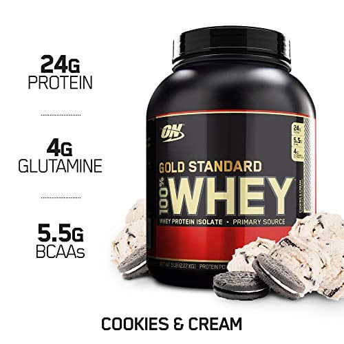 Book Cover OPTIMUM NUTRITION GOLD STANDARD 100% Whey Protein Powder, Cookies and Cream, 4.63 Pound (Package May Vary)