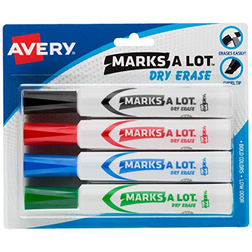 Book Cover Avery Marks A Lot Dry Erase Markers, Low Odor White Board Markers with Chisel Tip, 4 Assorted Colors (24409)