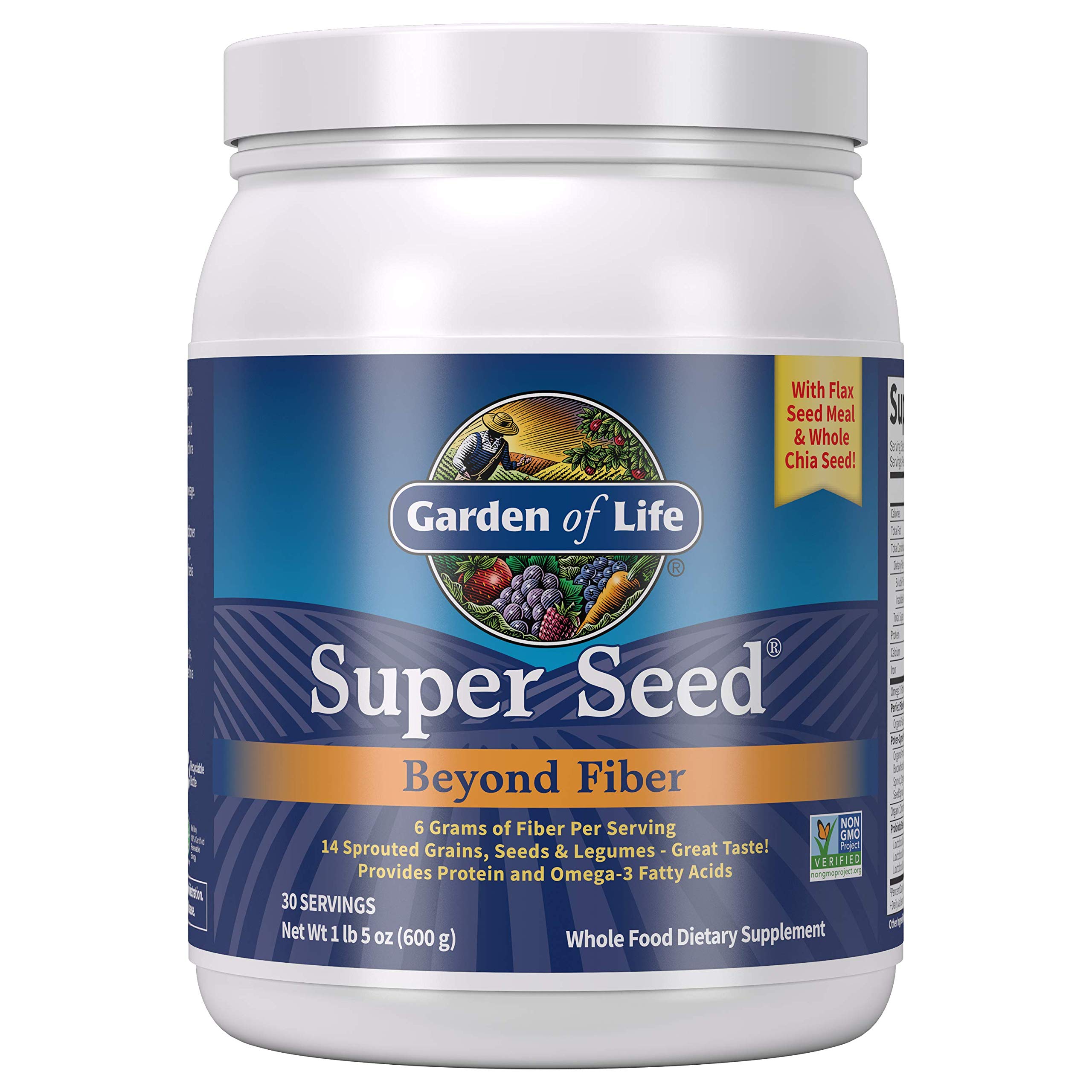 Book Cover Garden of Life Super Seed - Vegetarian Whole Food Fiber Supplement with Protein and Omega 3, 1 Lb 5oz (600g) Powder 1.05 Pound (Pack of 1)
