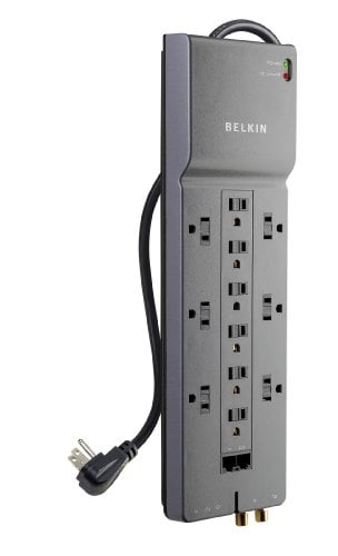Book Cover Belkin 12-Outlet Power Strip Surge Protector, Flat Plug, 10ft Cord (4156 Joules), Gray