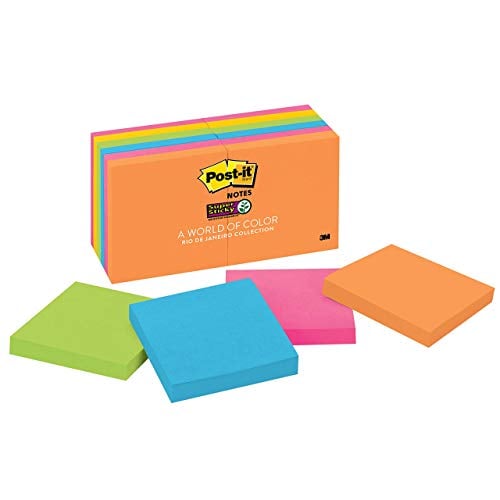 Book Cover Post-it Super Sticky Notes, 3 in x 3 in, 12 Pads, 2x the Sticking Power, Rio de Janerio Collection, Bright Colors (Orange, Pink, Blue, Green),Recyclable (654-12SSUC)