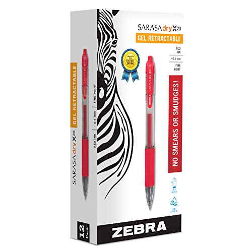 Book Cover Zebra Pen Sarasa X20 Retractable Gel Ink Pens, Fine Point 0.5mm, Red, Rapid Dry Ink, 12 Pack (Packaging may vary)