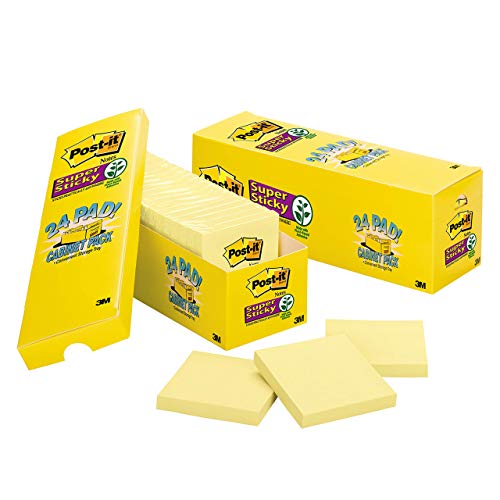 Book Cover Post-it Super Sticky Notes, 3 in x 3 in, 24 Pads, 2x the Sticking Power, Canary Yellow, Recyclable (654-24SSCP)
