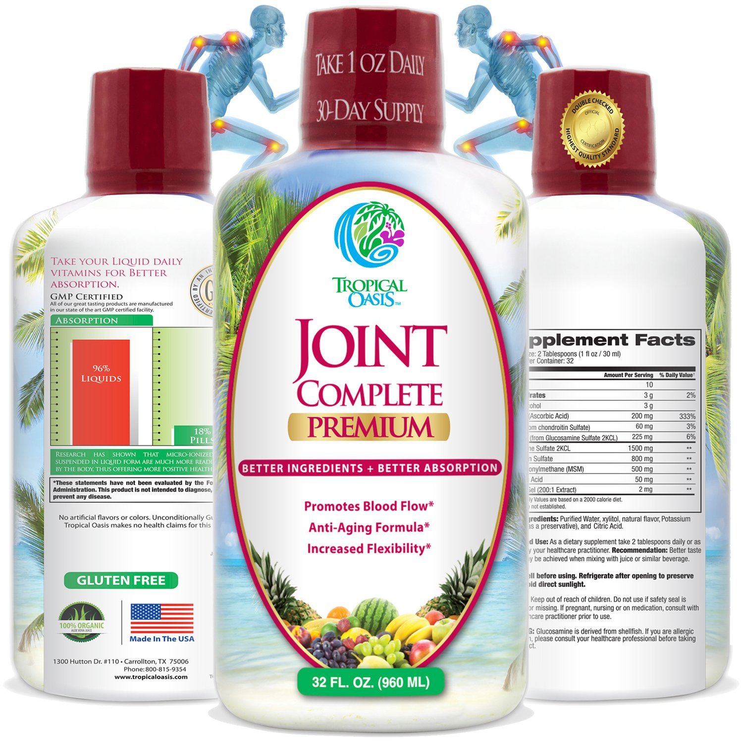 Book Cover Tropical Oasis Joint Complete Premium - Liquid Joint Supplement with Liquid Glucosamine Sulfate, Chondroitin, MSM & Hyaluronic Acid - 96% Max Absorption– 32oz, 32 serv, 33484