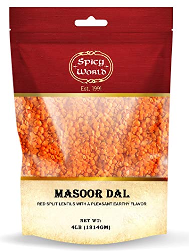 Book Cover Spicy World Masoor Dal 4 Pound Bag - Split Red Lentils Dry - All Natural, Pure, Vegan - Resealable Bag