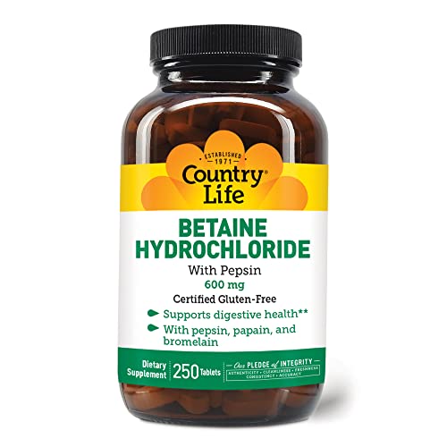 Book Cover Country Life Betaine Hydrochloride with pepsin 600 mg - 250 Tablets