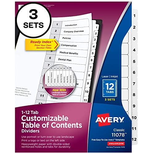 Book Cover Avery 12 Tab Dividers for 3 Ring Binders, Customizable Table of Contents, Classic White Tabs, 3 Sets (11078)
