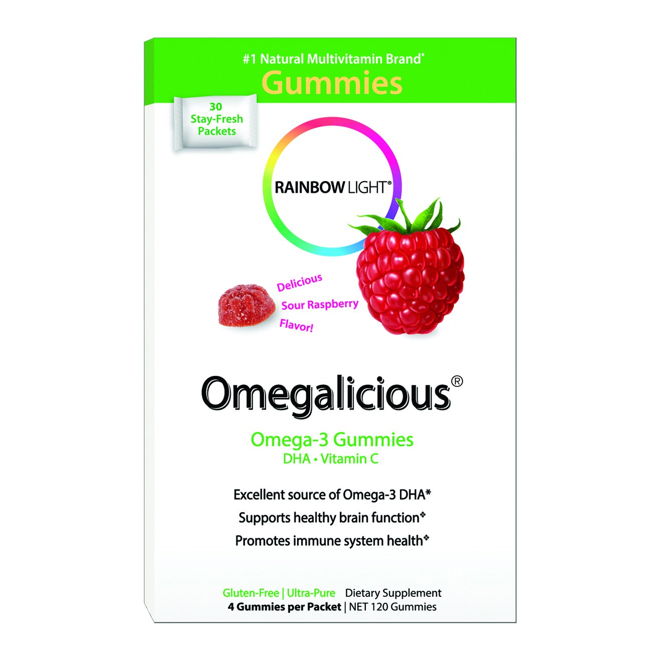 Book Cover Rainbow Light - Omegalicious Omega-3 Gummies, Support for a Healthy Brain, Heart, and Immune System with Vitamin C, Omega-3s DHA and EPA, Gluten-Free, Dairy-Free, 30 Packets