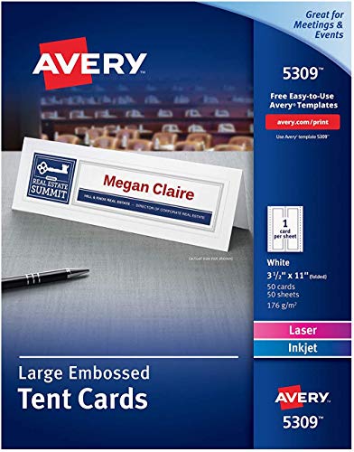 Book Cover Avery Printable Large Tent Cards, Laser & Inkjet Printers, 50 Cards, 3.5 x 11 (5309), White