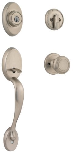 Book Cover Kwikset Chelsea Single Cylinder Handleset w/Cameron Knob featuring SmartKey in Satin Nickel