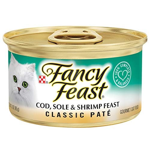 Book Cover Purina Fancy Feast Grain Free Pate Wet Cat Food, Classic Pate Cod, Sole & Shrimp Feast - (24) 3 oz. Cans