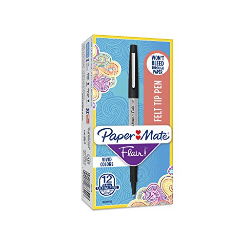 Book Cover Paper Mate Flair Felt Tip Pens, Ultra Fine Point (0.4mm), Black, 12 Count