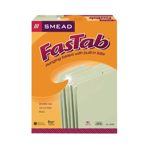 Book Cover Smead FasTab Hanging File Folder, 1/3-Cut Built-in Tab, Letter Size, Moss, 20 per Box (64082)