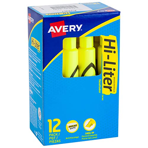 Book Cover Avery Hi-Liter Desk-Style Highlighters, Smear Safe Ink, Chisel Tip, 12 Fluorescent Yellow Highlighters (24000)