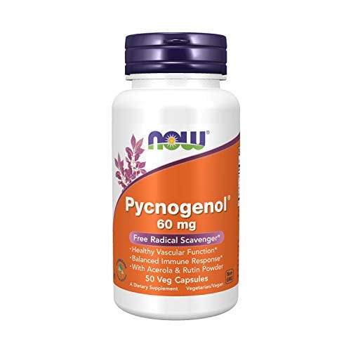 Book Cover NOW Supplements, Pycnogenol 60 mg (a Unique Combo of Proanthocyanidins from French Maritime Pine) with Acerola & Rutin Powder, 50 Veg Capsules