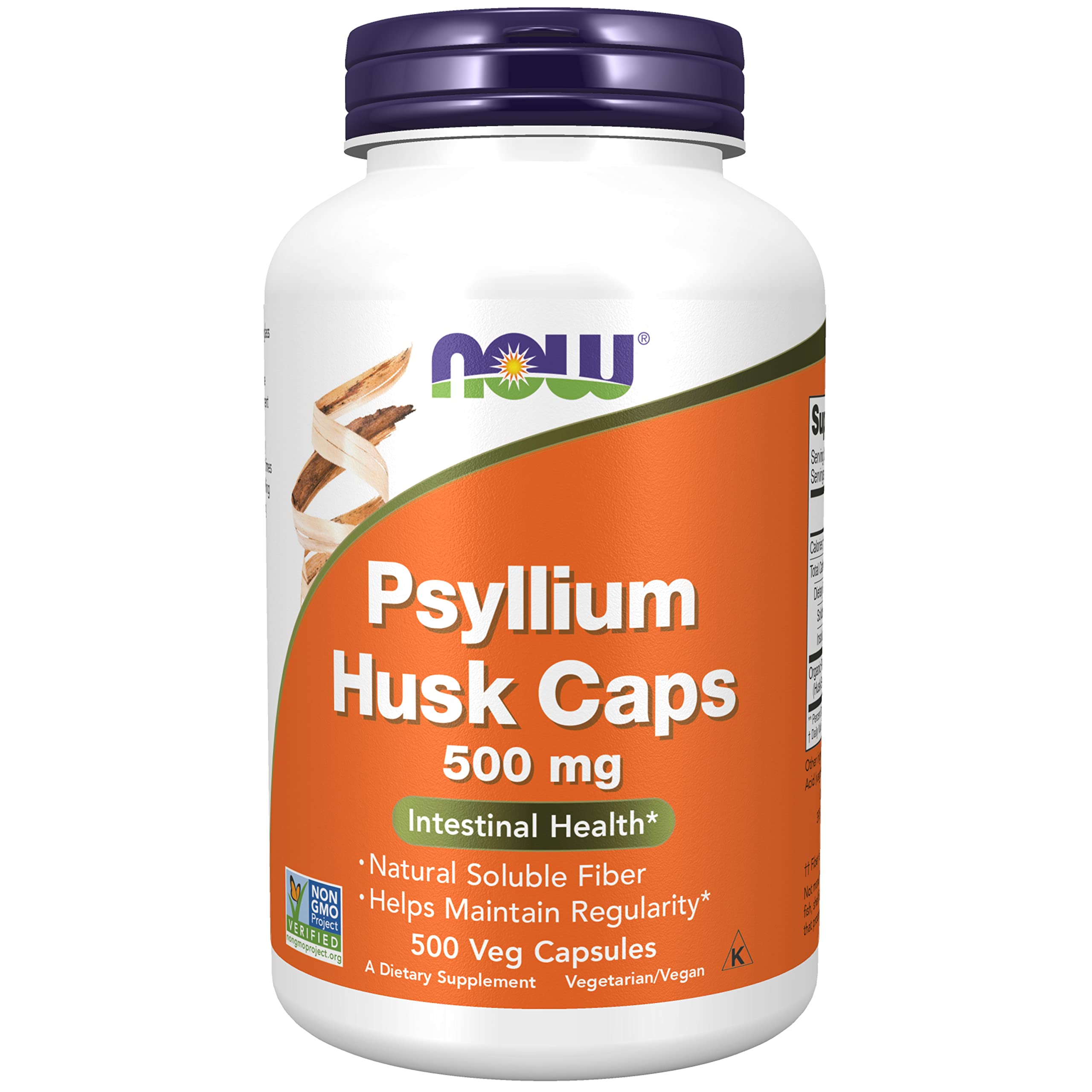 Book Cover NOW Supplements, Psyllium Husk Caps 500 mg, Non-GMO Project Verified, Natural Soluble Fiber, Intestinal Health*, 500 Veg Capsules 166.0 Servings (Pack of 1)