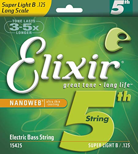 Book Cover Elixir® Strings Nickel Plated Steel with NANOWEB® Coating, Custom Bass 5th String Single, Super Light B, Long Scale (.125)