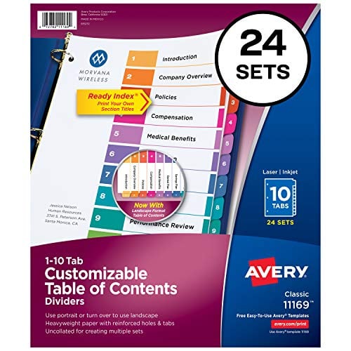 Book Cover Avery 10-Tab Dividers for 3 Ring Binders, Customizable Table of Contents, Multicolor Tabs, 24 Sets (11169)