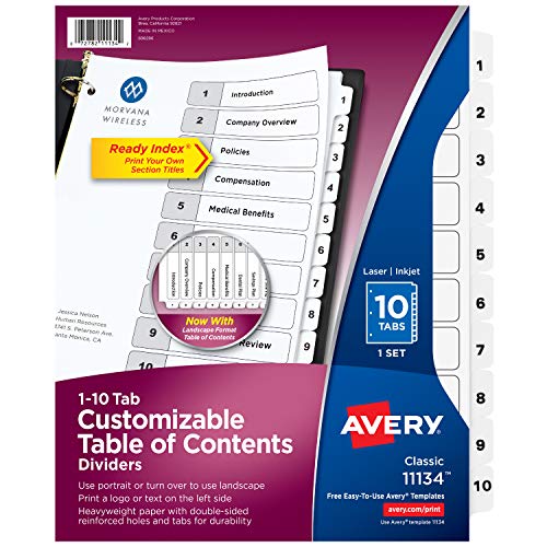 Book Cover Avery 10 Tab Dividers for 3 Ring Binders, Customizable Table of Contents, Classic White Tabs, 1 Set (11134)