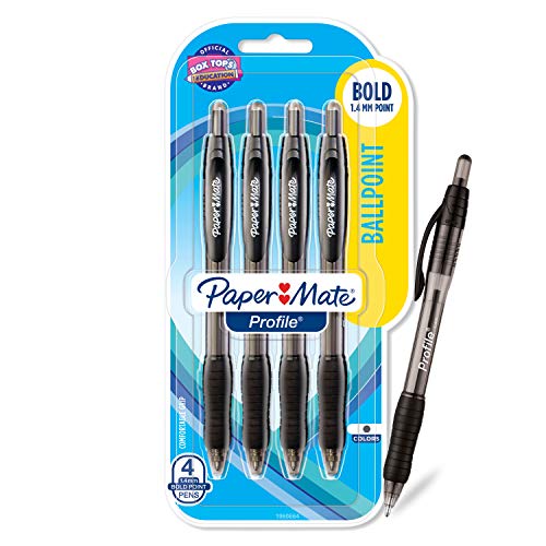 Book Cover Paper Mate Profile Retractable Ballpoint Pen, Bold Point, Translucent Barrel, Black Ink, 4 Count