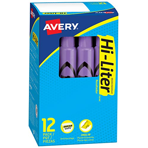 Book Cover Avery Hi-Liter Desk-Style Highlighters, Smear Safe Ink, Chisel Tip, 12 Fluorescent Purple Highlighters (24060)