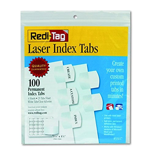 Book Cover Redi-Tag Printable Laser Index Tabs, 1.125 Inches, White, 100 per Pack (33117)