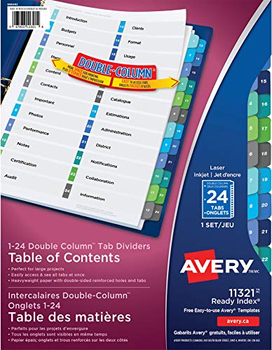 Book Cover Avery Ready Index 24-Tab Double Column Dividers, Printable Table of Contents, Multicolor Tabs, 1 Set (11321)