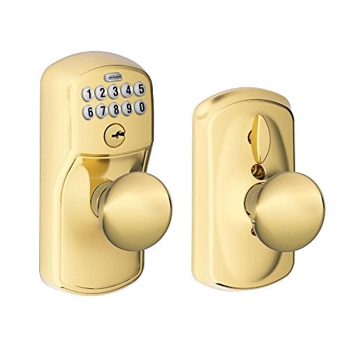 Book Cover SCHLAGE FE595 PLY 505 PLY Plymouth Keypad Entry with Flex-Lock and Plymouth Style Knobs, Bright Brass