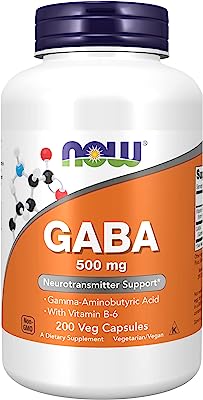 Book Cover NOW Supplements, GABA (Gamma-Aminobutyric Acid)500 mg + B-6, 200 Veg Capsules