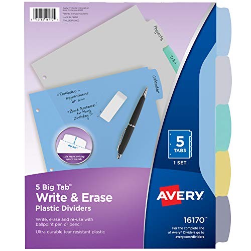 Book Cover Avery 5-Tab Plastic Binder Dividers, Write & Erase Multicolor Big Tabs, 1 Set (16170)
