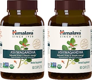 Book Cover Himalaya Organic Ashwagandha, 4 Month Supply for Stress Relief, USDA Certified Organic, Non-GMO, Gluten-Free Supplement, 100% Ashwagandha powder & extract, 670 mg, 60 Caplets, 2 pack
