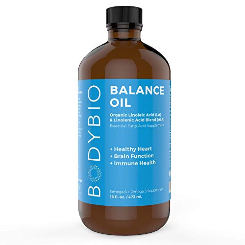 Book Cover BodyBio Balance Oil - Essential Fatty Acids Omega 3 & 6 - Cold Pressed, Vegan, Organic Safflower and Flax Seed Oil Blend for Brain & Mood Support and Cellular Health, 16 oz