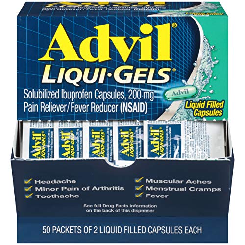 Book Cover Advil Liqui-Gels Pain Reliever and Fever Reducer, Solubilized Ibuprofen 200mg, 100 Count (50 Packets of 2 Capsules), On the Go Fast Pain Relief