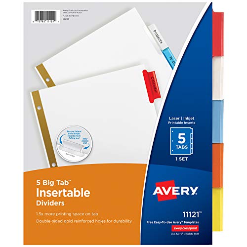 Book Cover Avery 5-Tab Binder Dividers, Insertable Multicolor Big Tabs, 1 Set (11121)