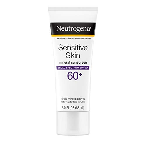 Book Cover Neutrogena Sensitive Skin Mineral Sunscreen Lotion with Broad Spectrum SPF 60+ & Zinc Oxide, Water-Resistant, Hypoallergenic, Fragrance- & Oil-Free Gentle Sunscreen Formula, 3 fl. oz