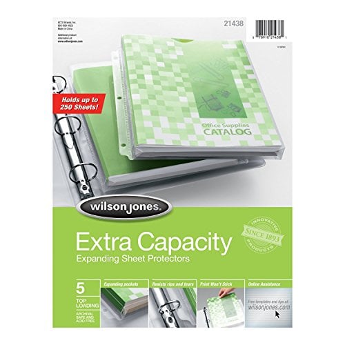 Book Cover Wilson Jones Extra Capacity Top-Loading Sheet Protectors, 250 Sheet Capacity, Letter Size, 5 Sleeves per Pack, Clear (W21438), 11 x 8 1/2