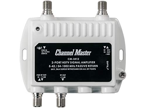 Book Cover Channel Master Ultra Mini 2 TV Antenna Amplifier, TV Antenna Signal Booster with 2 Outputs for Connecting Antenna or Cable TV to Multiple Televisions (CM-3412),Silver