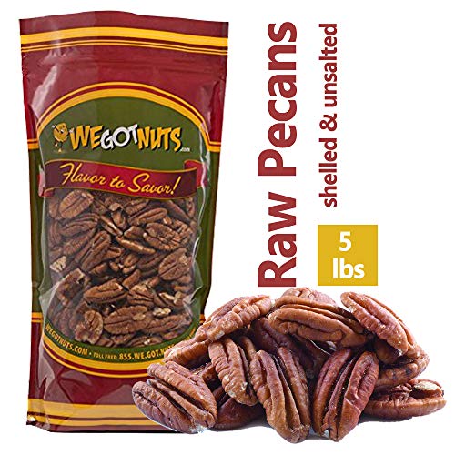 Book Cover 5-Pounds of 100% Natural Raw Pecan Nuts- Whole, Shelled & Unsalted Pecan Halves by We Got Nuts- Non GMO, No Preservatives- Kosher-Certified Healthy Snack- Packed Fresh In Air-Tight Resealable Bag