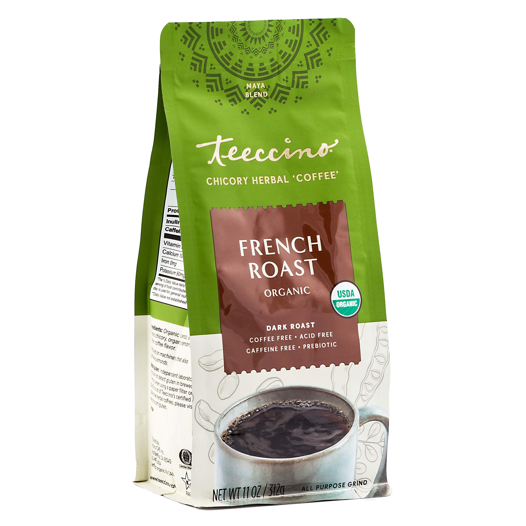Book Cover Teeccino Chicory Coffee Alternative – French Roast – Ground Herbal Coffee That’s Prebiotic, Caffeine-Free & Acid Free, Dark Roast, 11 Ounce