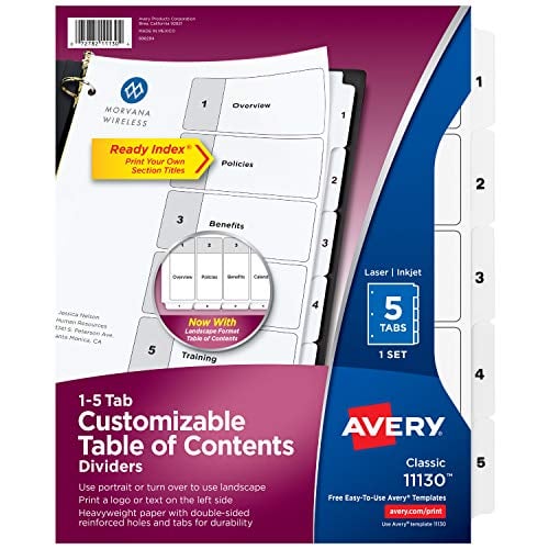 Book Cover Avery 5 Tab Dividers for 3 Ring Binders, Customizable Table of Contents, Classic White Tabs, 1 Set (11130)