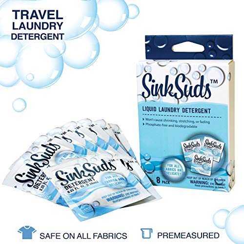 Book Cover SinkSuds Travel Laundry Detergent Liquid Soap + Odor Eliminator for All Fabrics Including Delicates, (TSA Compliant), 8 Sink Packets (0.25 fl oz each)