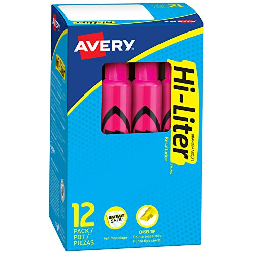 Book Cover Avery Hi-Liter Desk-Style Highlighters, Smear Safe Ink, Chisel Tip, 12 Fluorescent Pink Highlighters (24010)