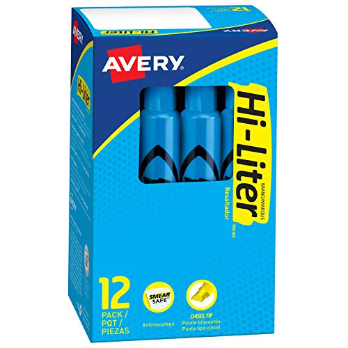 Book Cover Avery Hi-Liter Desk-Style Highlighters, Smear Safe Ink, Chisel Tip, 12 Fluorescent Blue Highlighters (24016)