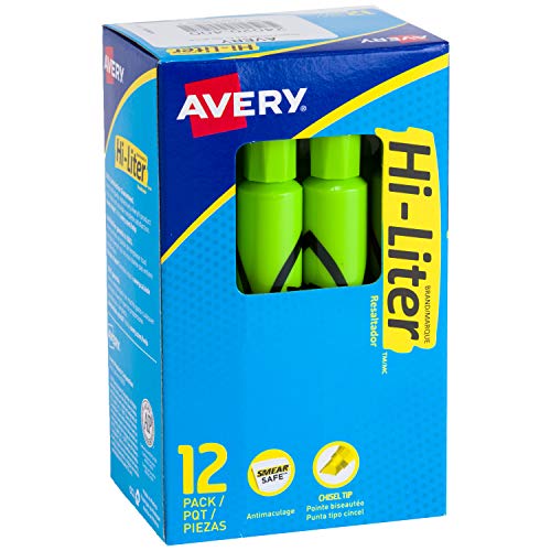 Book Cover Avery Hi-Liter Desk-Style Highlighters, Smear Safe Ink, Chisel Tip, 12 Fluorescent Green Highlighters (24020)